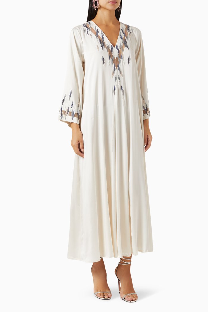 

V-neck Embellished Kaftan in Stretch Silk-satin, Neutral