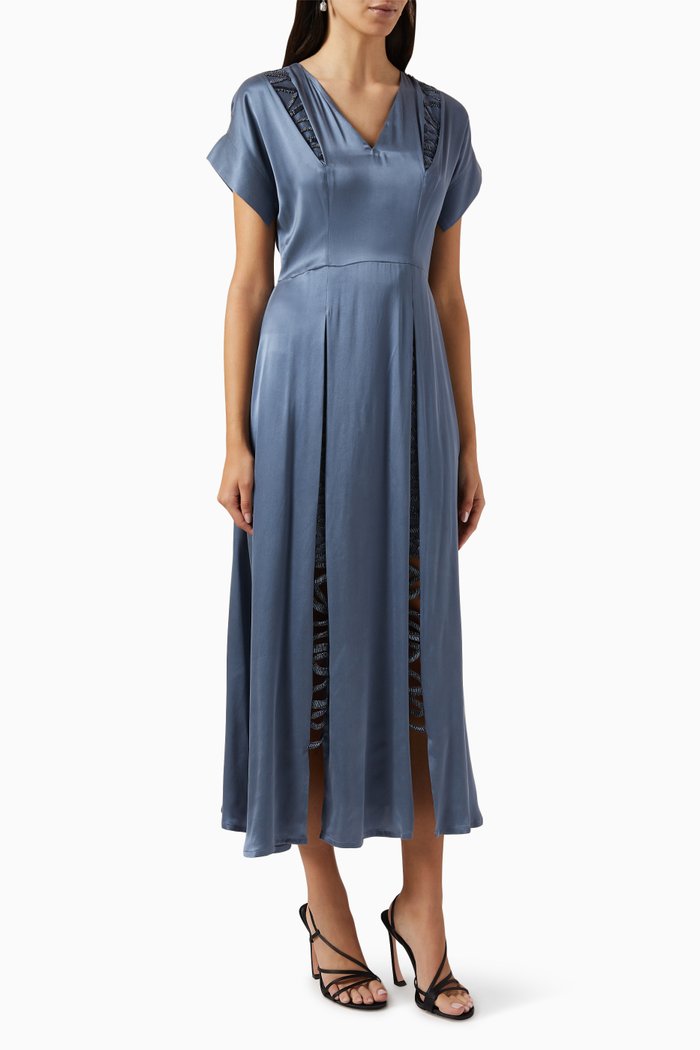 

Bead-embellished Midi Dress in Silk-satin, Blue