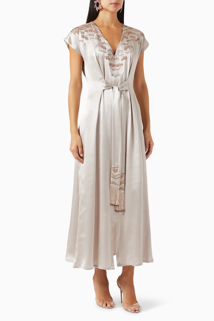 

Embellished Tie-front Kaftan in Silk-satin, Grey