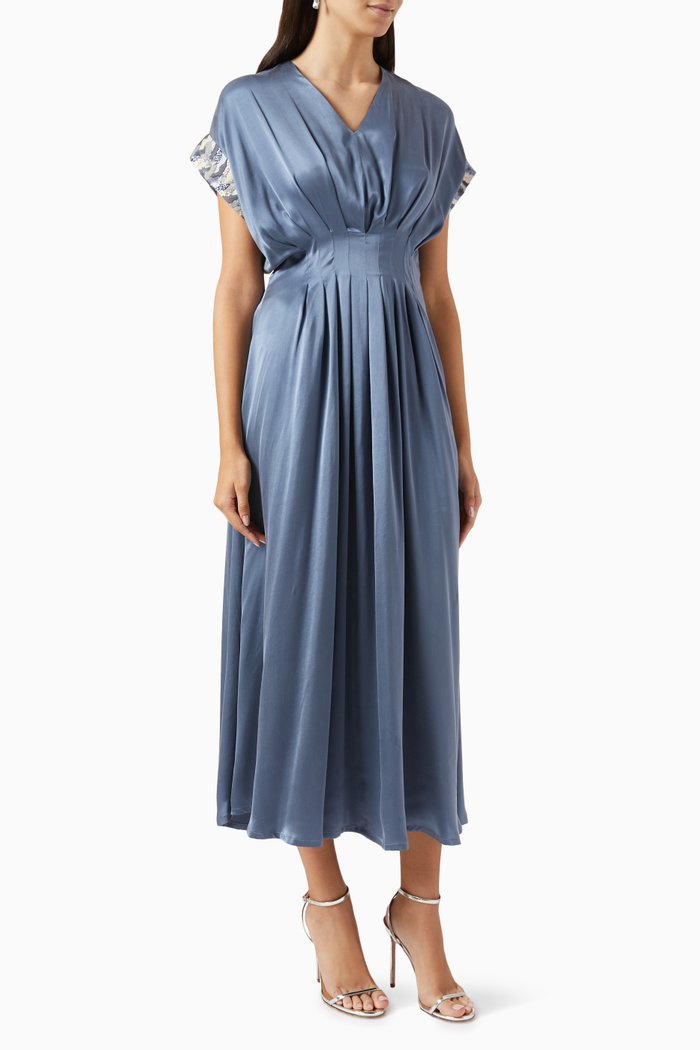 Pleated Midi Dress in Silk-satin, Blue