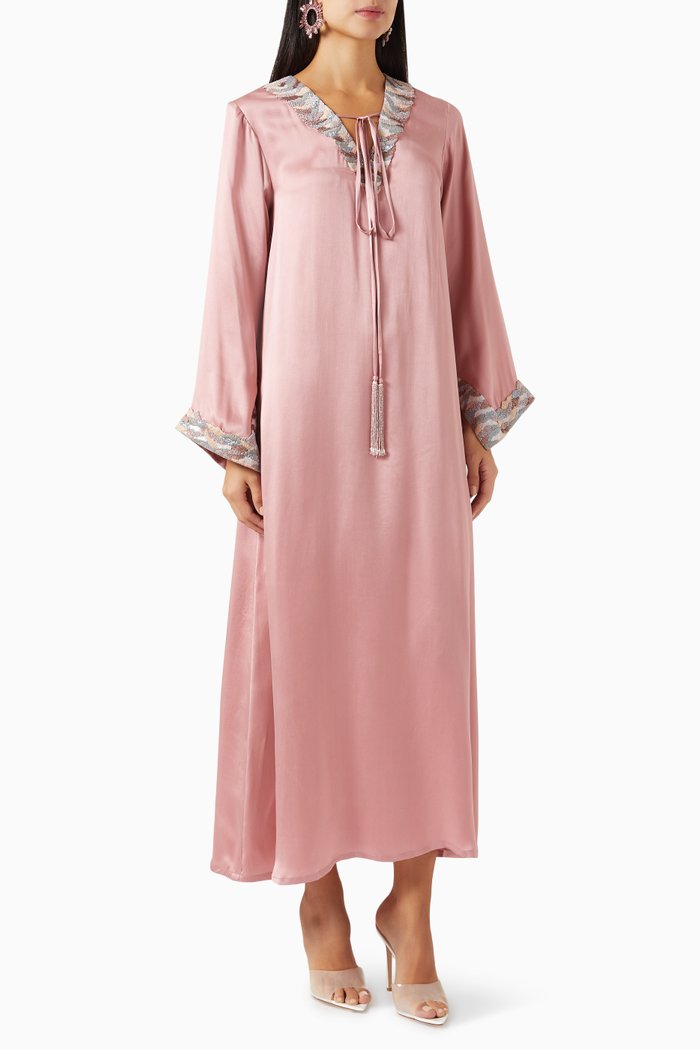 

Embellished Tassel-tipped Kaftan in Stretch Silk-satin, Pink