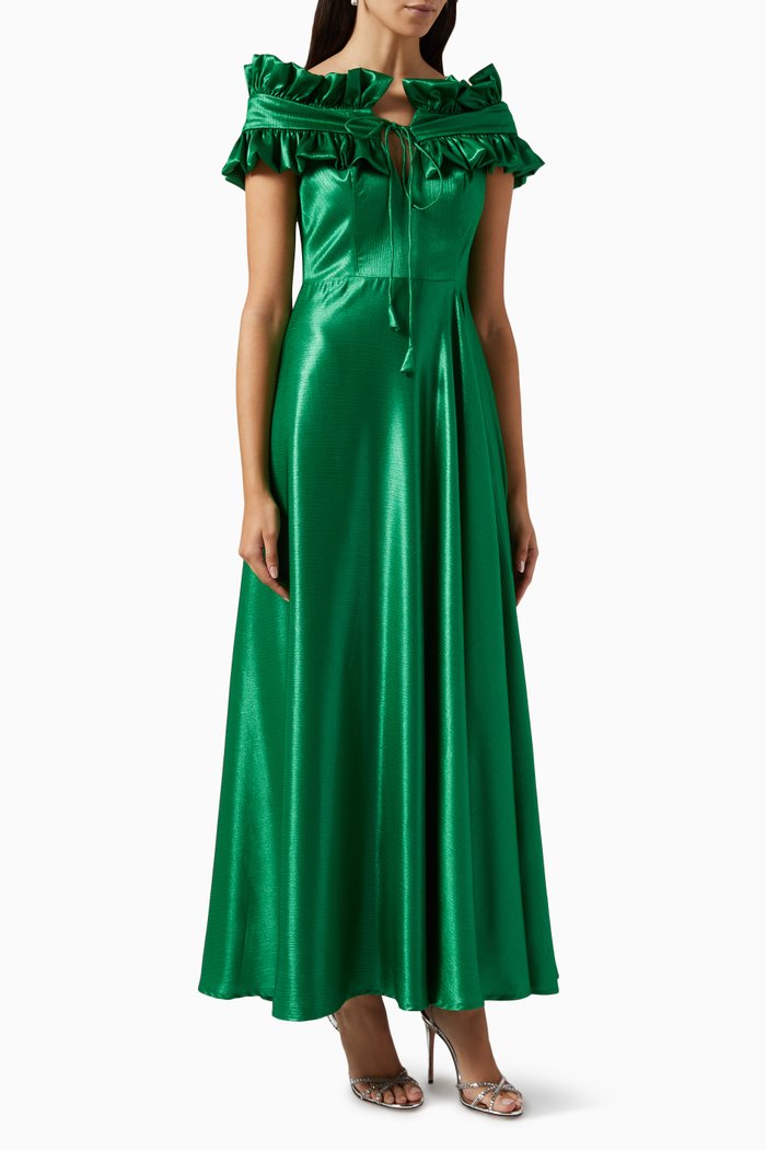 

Ruffled Off-shoulder Maxi Dress in Satin-crepe, Green