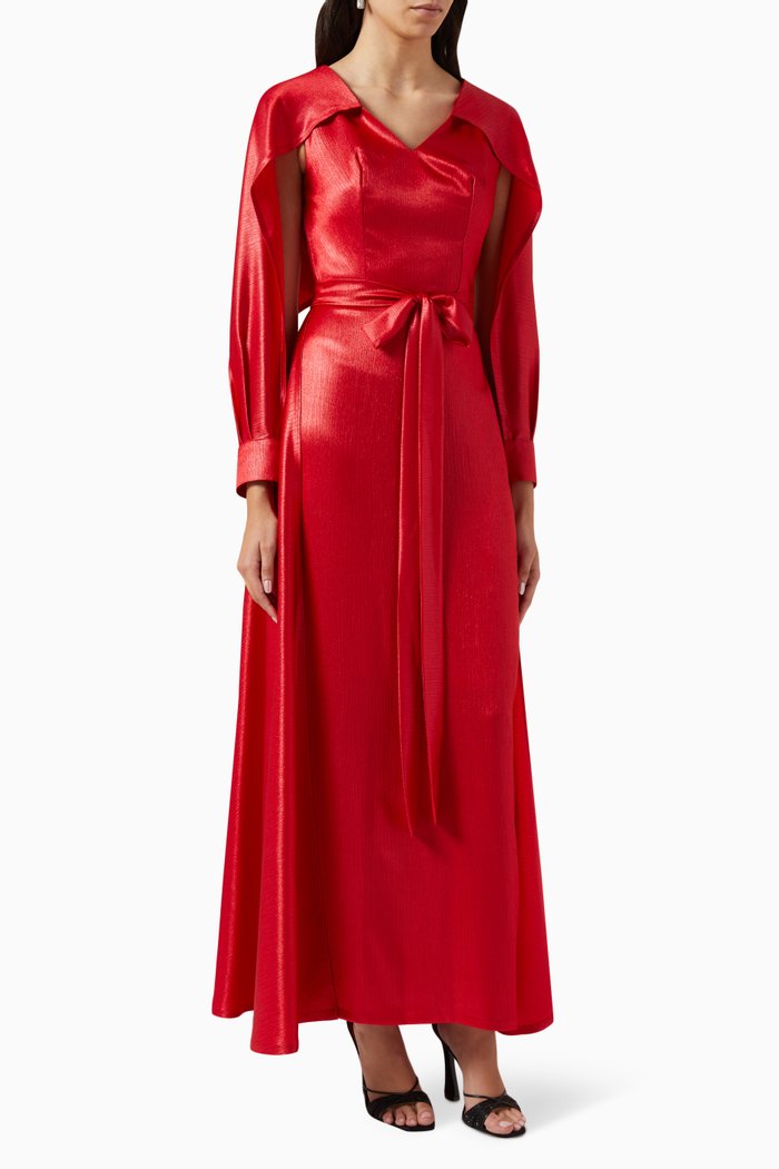 

Cape Sleeves Maxi Dress in Satin, Red