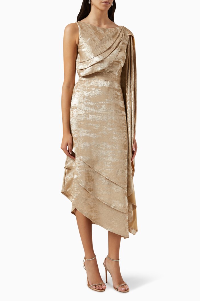 Cape Sleeve Midi Dress in Satin, Gold