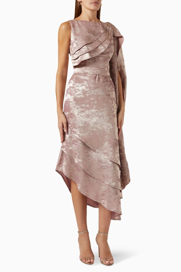 

Cape Sleeve Midi Dress in Satin, Pink
