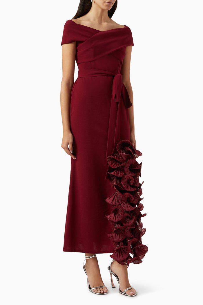 

Off-shoulder Belted Maxi Dress in Crepe, Red