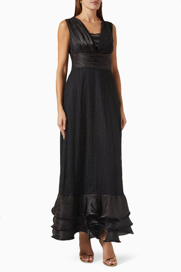 

Ruffled & Ruched Maxi Dress in Crepe, Black