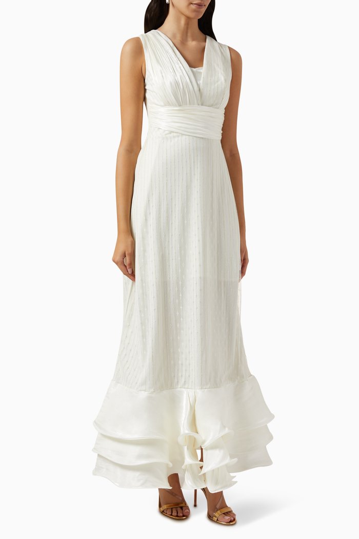 

Ruffled & Ruched Maxi Dress in Crepe, Neutral