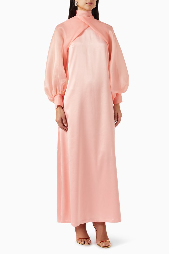 

Puff-sleeve Maxi Dress in Satin & Organza, Pink