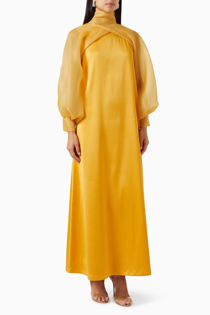 

Puff-sleeve Maxi Dress in Satin & Organza, Yellow