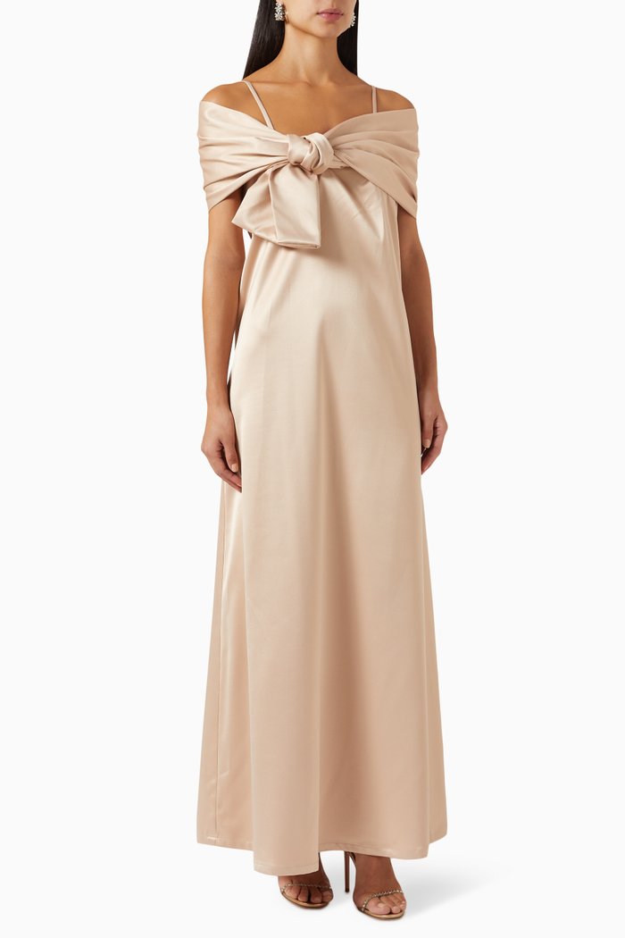 

Draped Off-shoulder Maxi Dress in Satin, Neutral