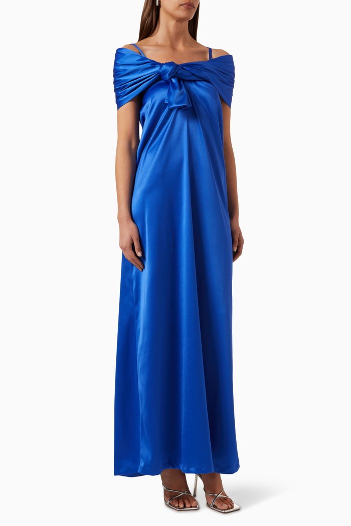 

Draped Off-shoulder Maxi Dress in Satin, Blue