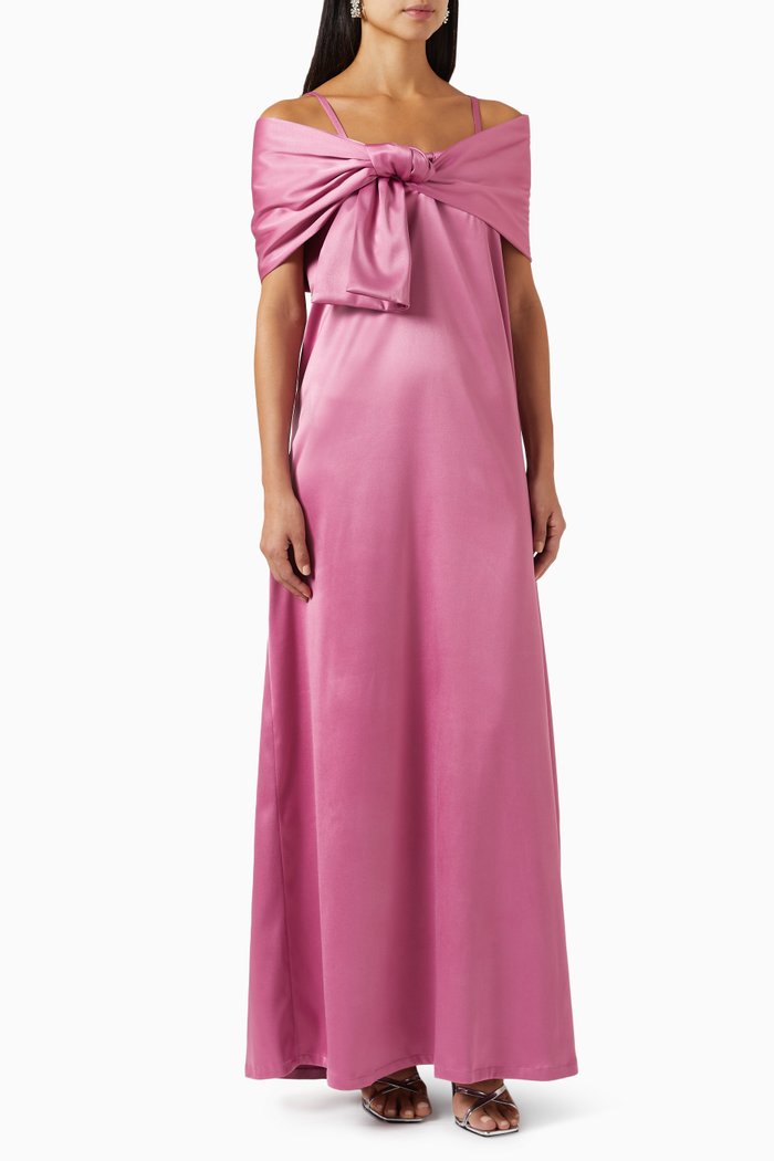 

Draped Off-shoulder Maxi Dress in Satin, Pink