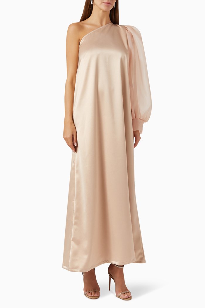 One-shoulder Dress in Satin & Organza, Neutral