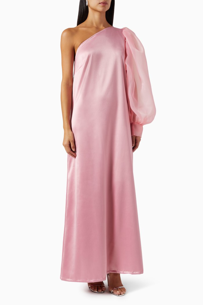 

One-shoulder Dress in Satin & Organza, Pink