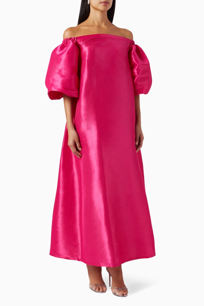 

Off-shoulder Maxi Dress in Raw Silk, Pink
