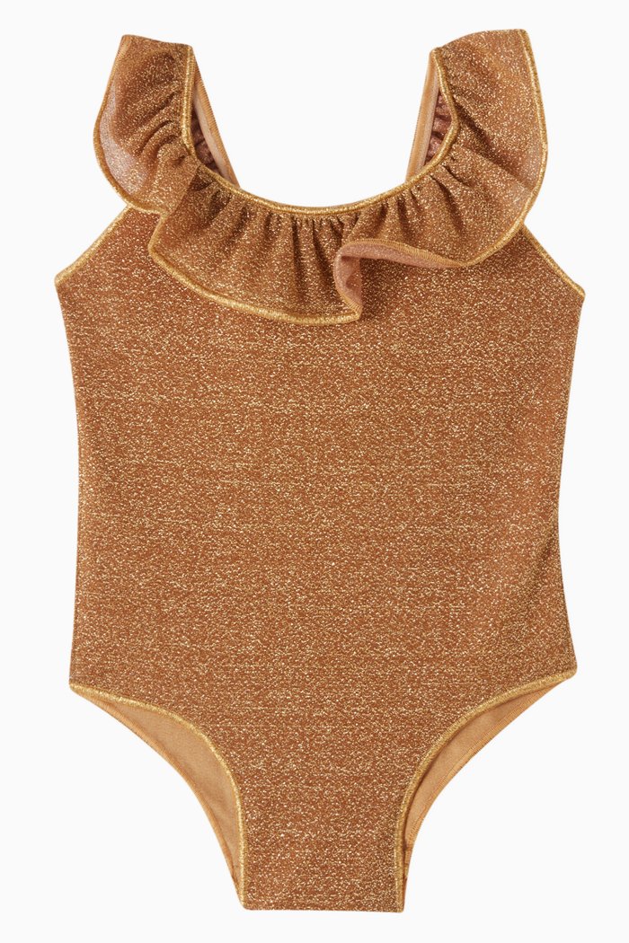 

Metallic Ruffled One-piece Swimsuit in Nylon Blend, Brown