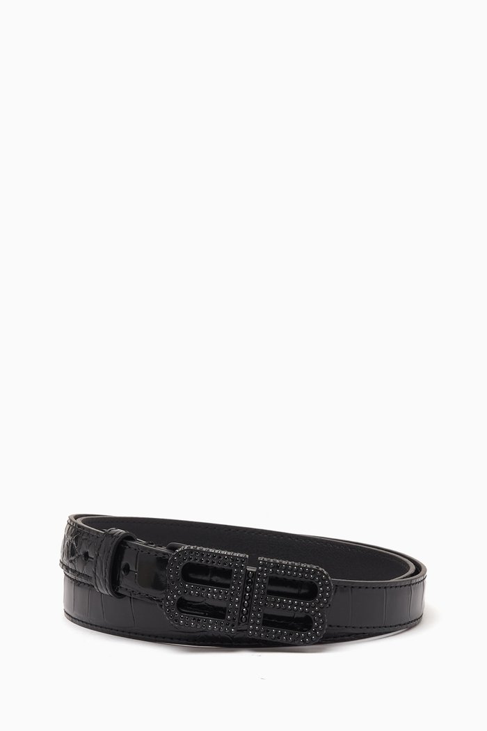 BB Embellished Hourglass Belt in Croc-embossed Leather, Black