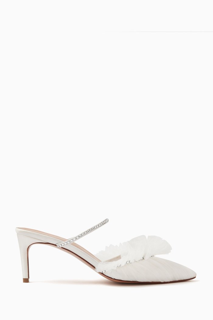 Kaya 75 Ruffled Mules in Tulle and Satin, White