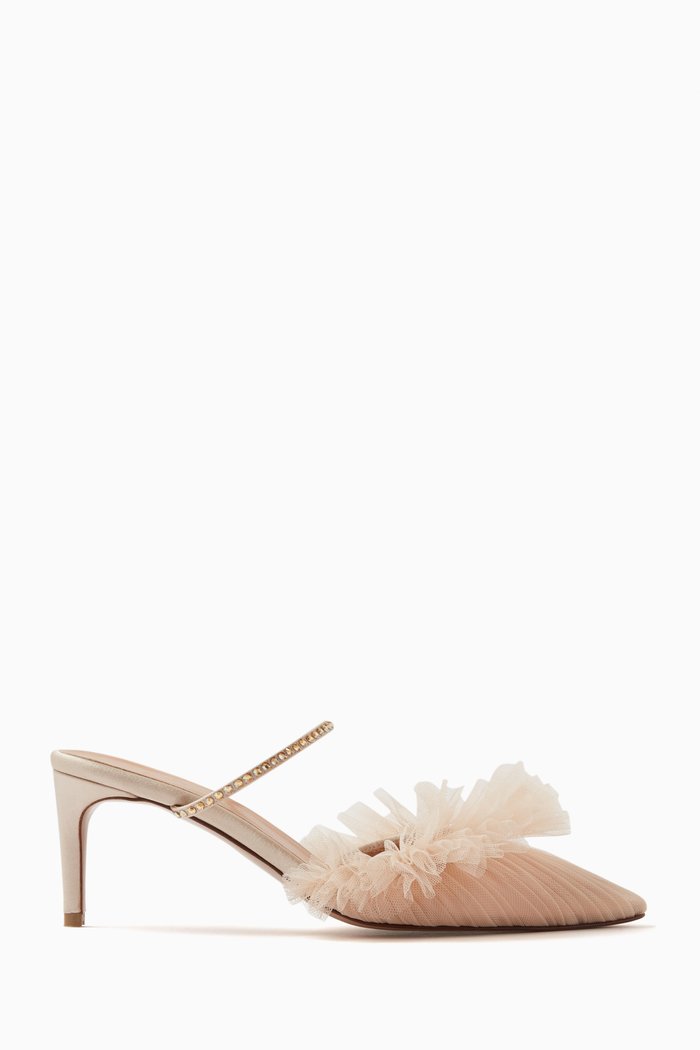 

Kaya 75 Ruffled Mules in Tulle and Satin, Neutral