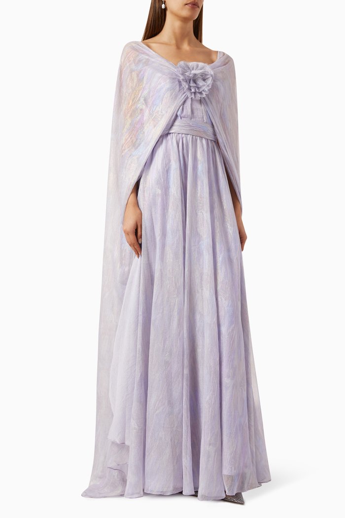 

Floral Cape Gown in Chiffon, Purple