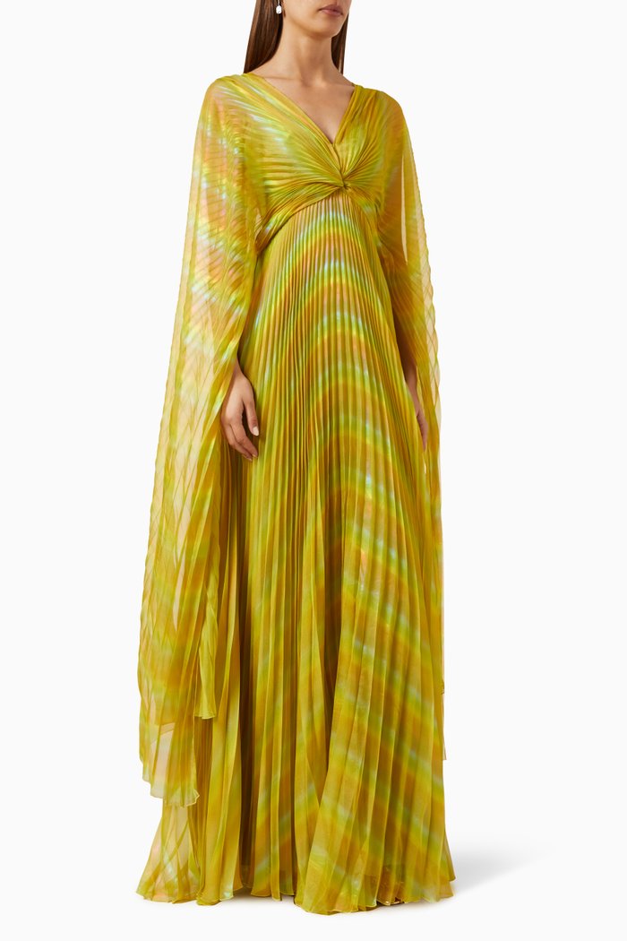 Plissé Pleated Gown in Chiffon, Green