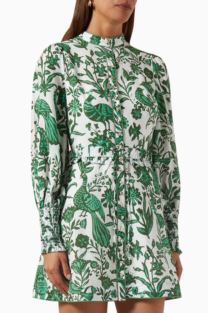 

Escape Leaf Print Mini Dress in Linen, Green
