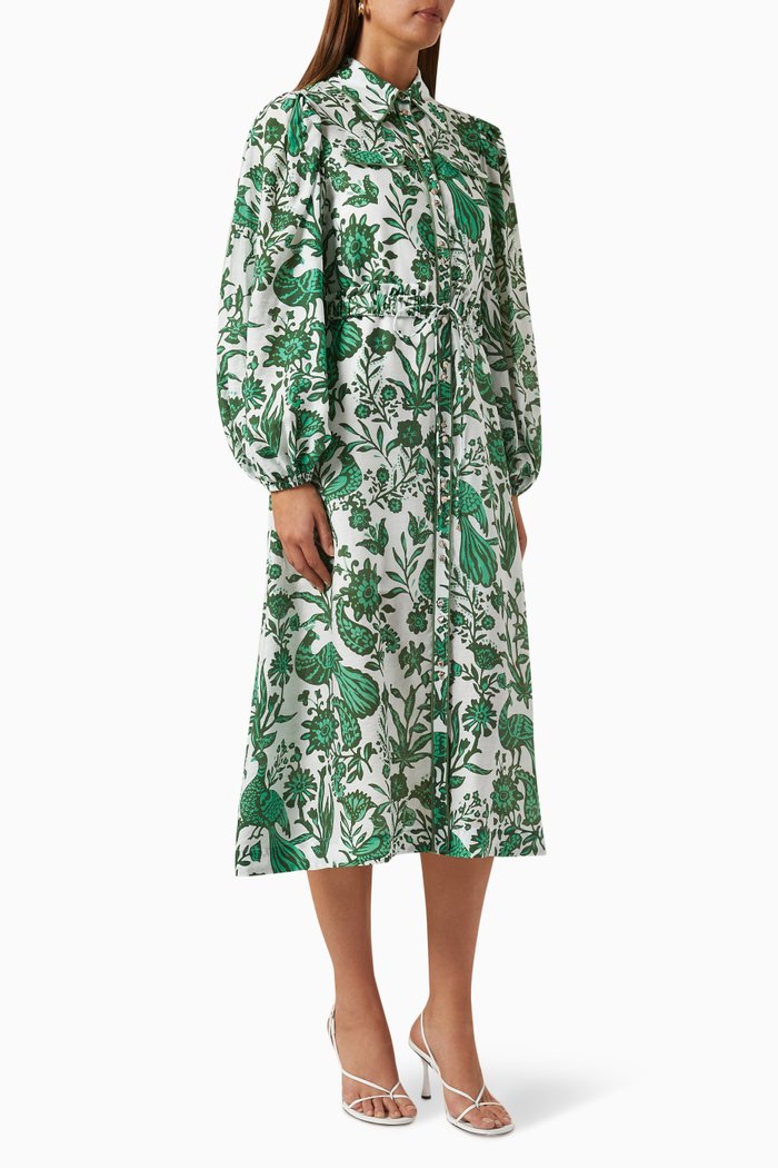 

Escape Leaf Print Midi Dress in Linen, Green