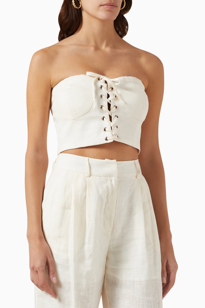 

Paulina Lace-up Crop Top in Linen, White