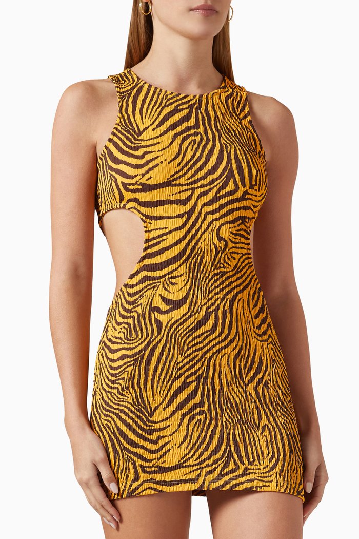 

Fli Printed Cut-out Mini Dress in Seersucker, Yellow