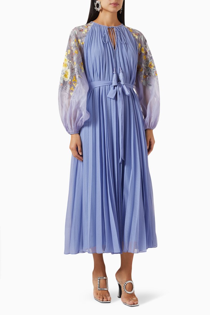 

Floral-embroidered Midi Dress in Chiffon, Blue