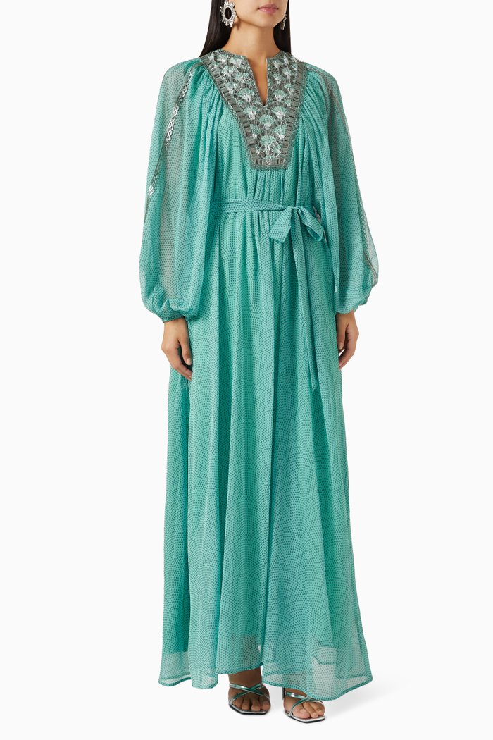 

Aureo Embroidered Puff-sleeved Maxi Dress in Chiffon, Blue