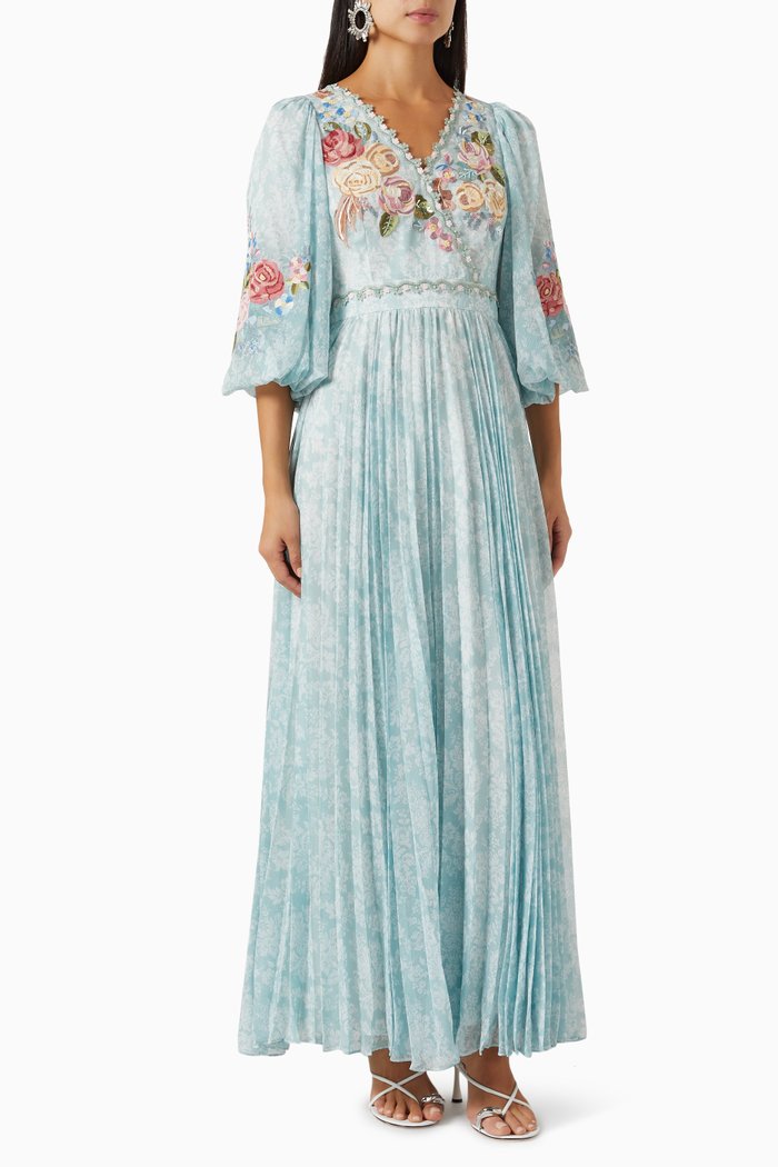 

Aloha Floral-embroidered Pleated Maxi Dress in Chiffon, Blue