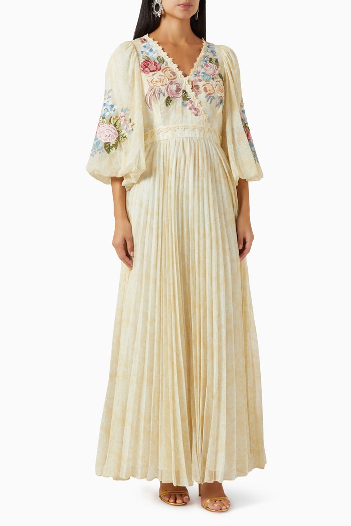 

Aloha Floral-embroidered Pleated Maxi Dress in Chiffon, Yellow
