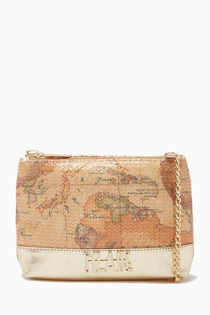

World Map Print Chain Shoulder Bag in Canvas, Orange