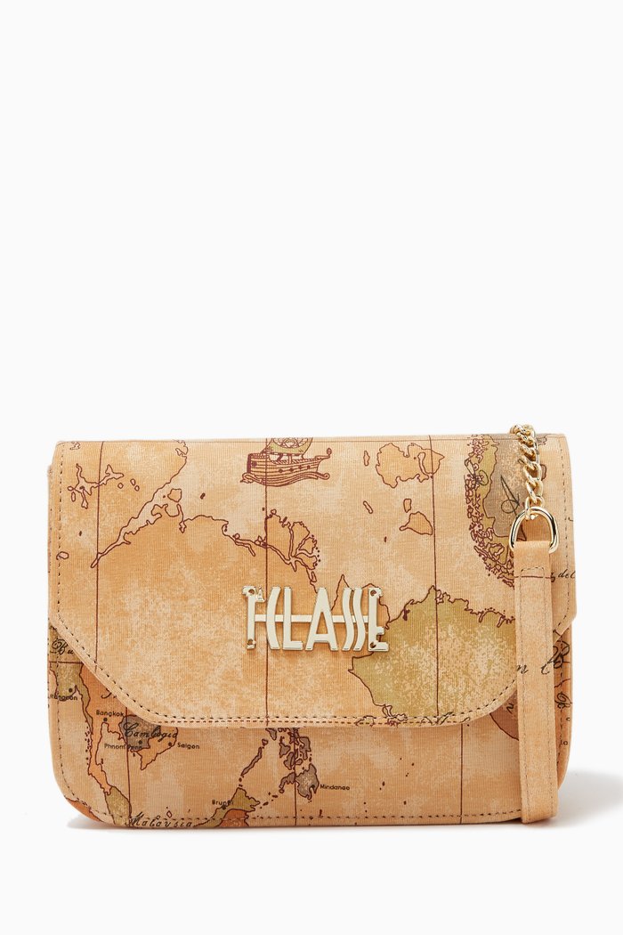 

World Map Print Shoulder Bag in Canvas, Orange