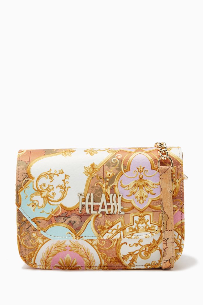 

World Map Print Shoulder Bag in Smooth Canvas, Orange