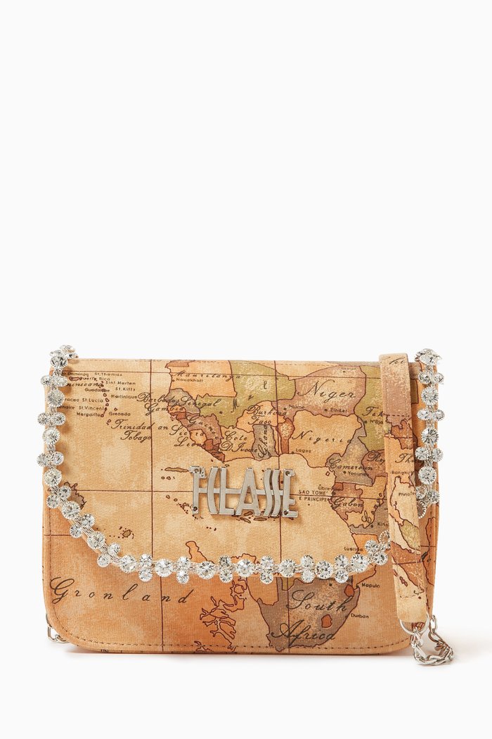 

Embellished World Map Print Shoulder Bag in Canvas, Orange