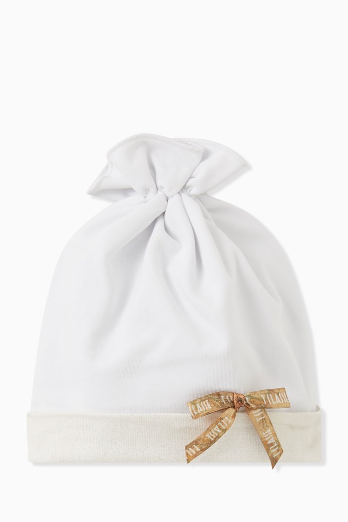 

Bow World Map Print Beanie in Cotton, White