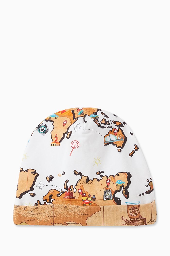 

World Map Print Beanie in Cotton, Orange