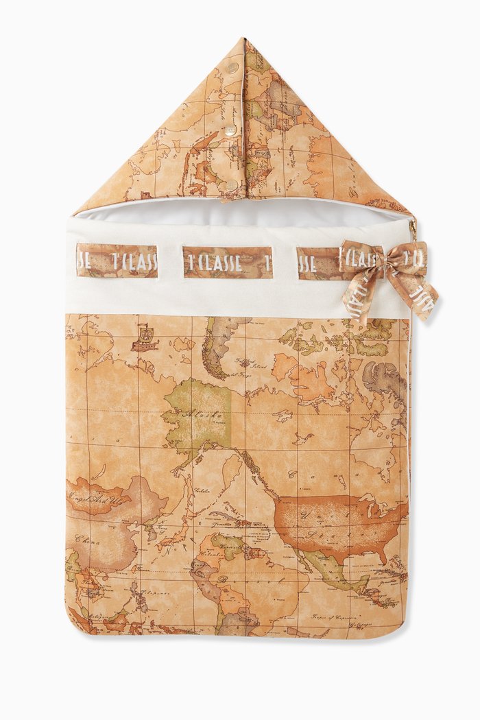 World Map Print Sleeping Bag in Cotton, Orange