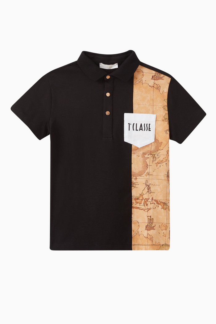 

Geo Map Print Polo Shirt in Cotton Stretch, Black