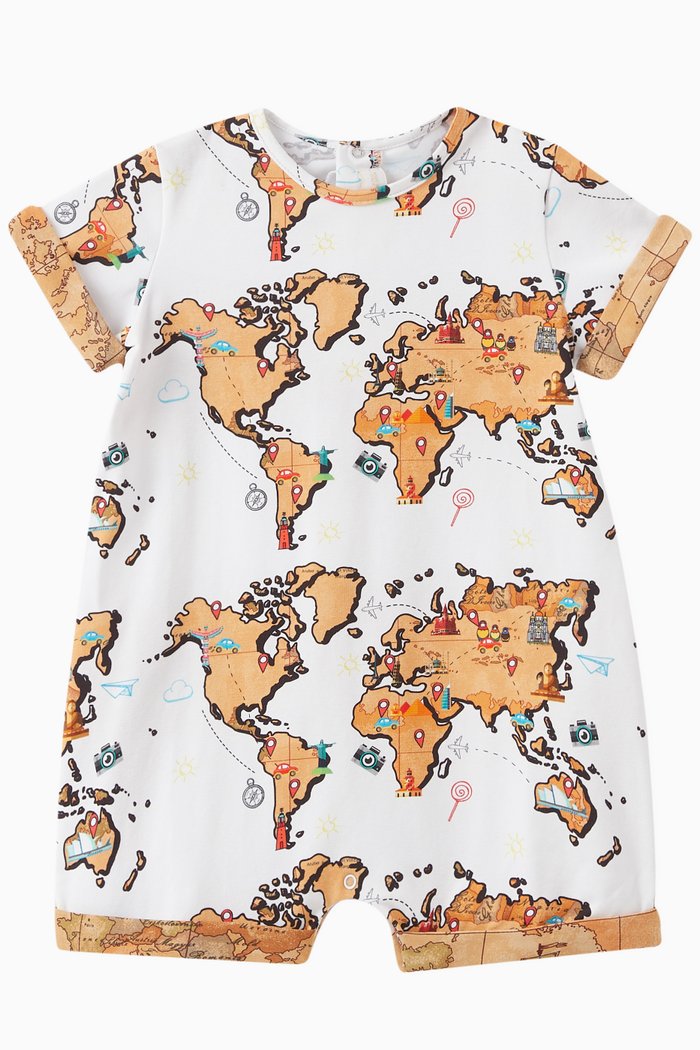 

Geo Map Print Romper in Cotton Stretch, Orange
