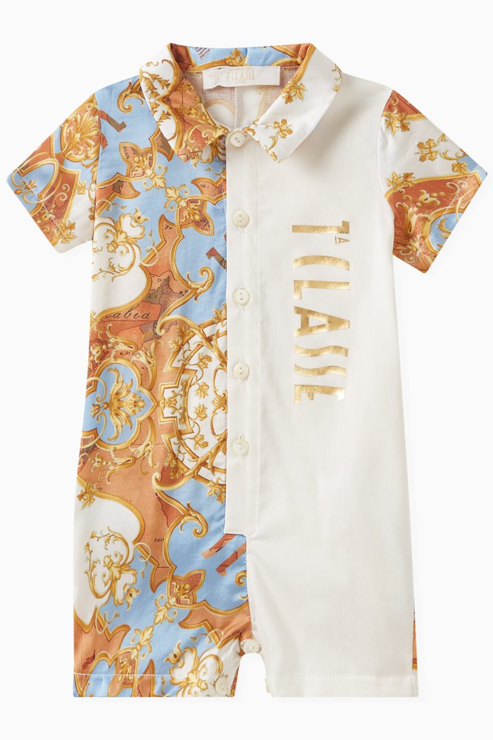 Split Print Romper in Cotton, Orange