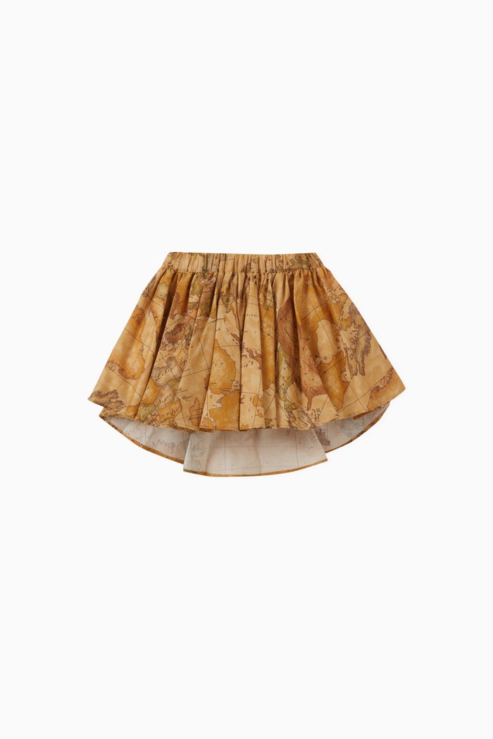 

Geo Map Print Pleated Skirt in Cotton Stretch, Orange