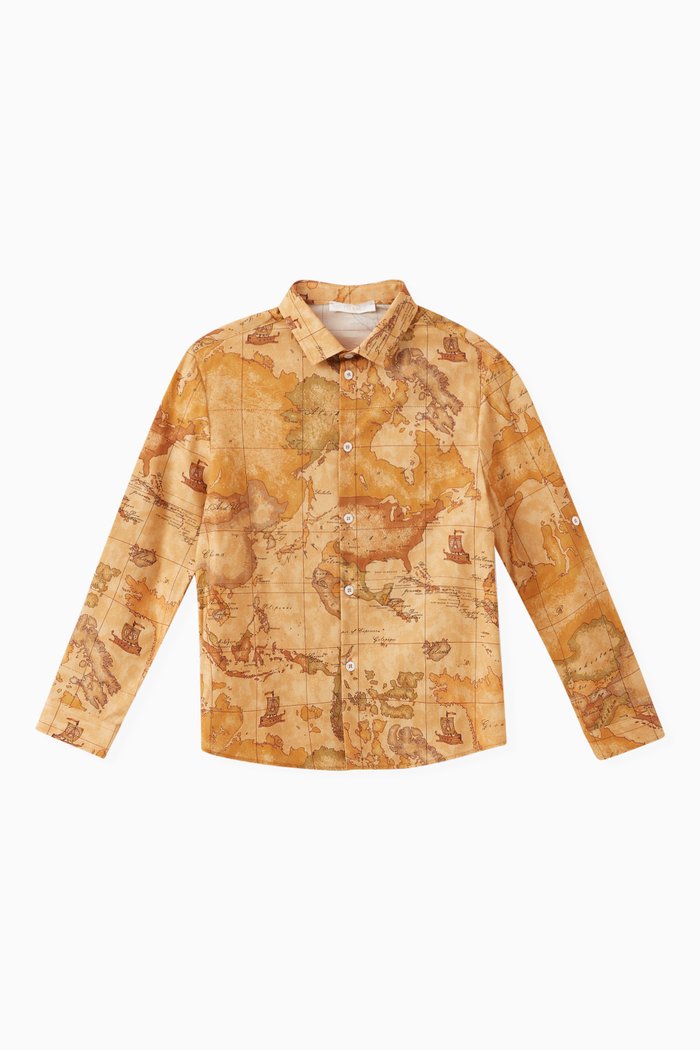 

Geo Map Print Shirt in Cotton Stretch, Brown