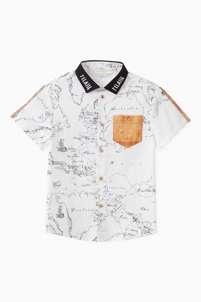 Geo Map Short Sleeves Shirt in Cotton Stretch, Neutral