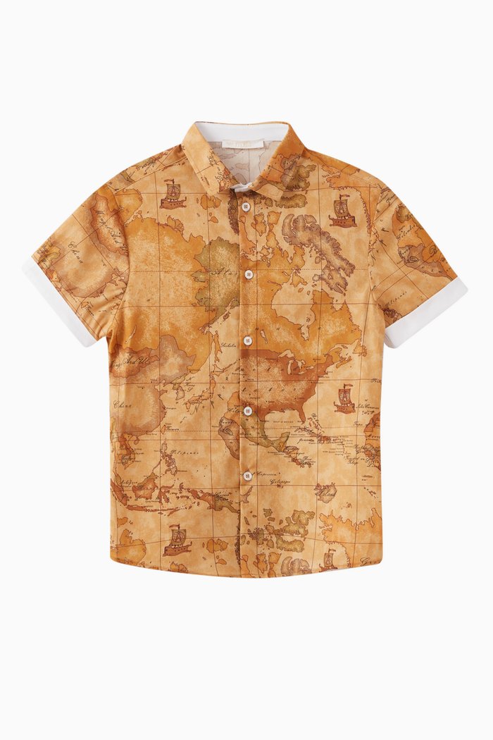 

Geo Map Print Shirt in Cotton Stretch, Orange