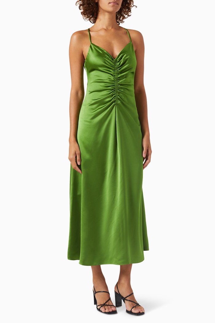 

Zola Ruched Midi Dress in Satin, Green