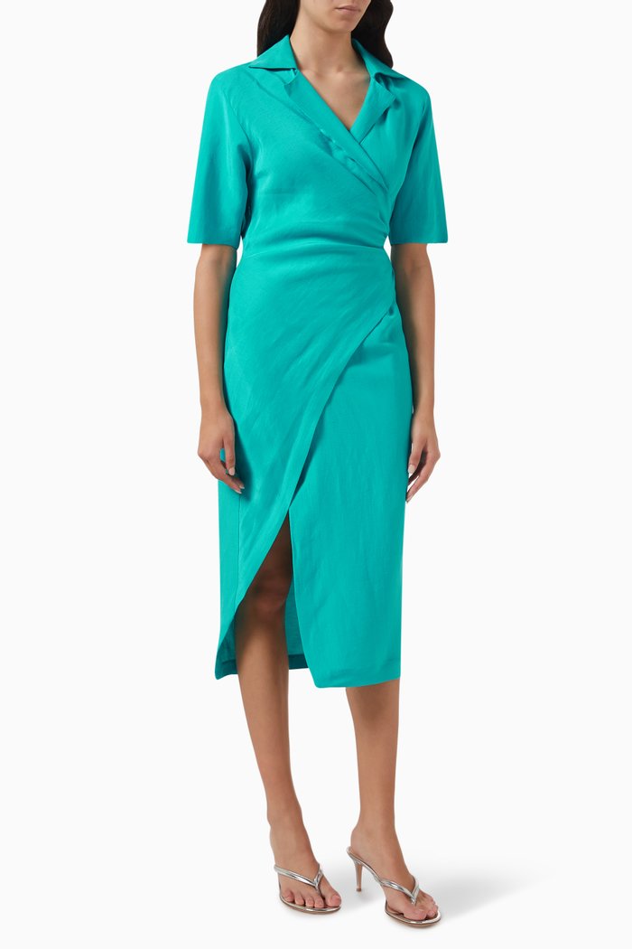 

Clarance Wrap Midi Dress in Linen Blend, Blue